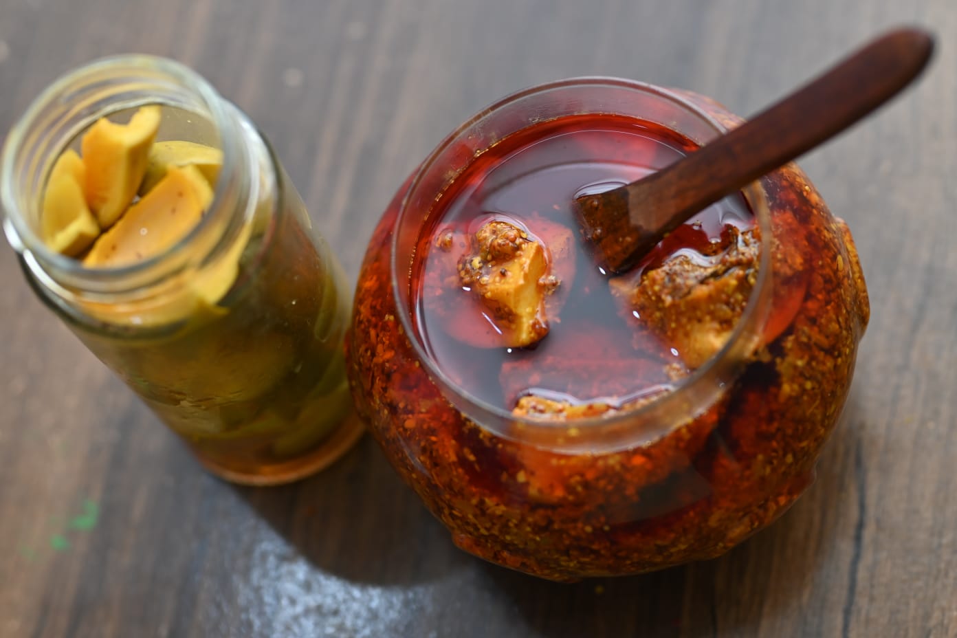 Aesthetic pickle bowl with mango and mustard oil